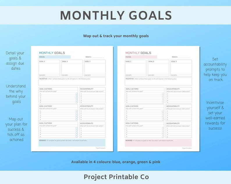 Monthly & Quarterly Goals Planner Printable Goal Tracker | Etsy