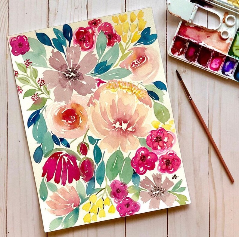 Wildflowers Roses Modern Design Peonies Bright Colors Abstract Flowers Hand Painted Floral Wall Art Original Watercolor Painting