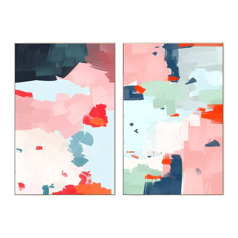 Framed Wall art Set of 2 Prints Abstract Pink Navy Blue Red Etsy