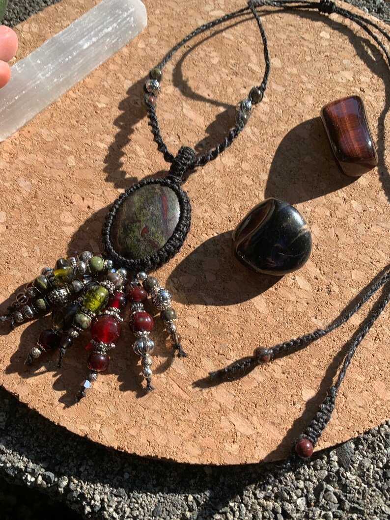 Bloodstone Hemp Wrapped Macram\u00e9 Necklace