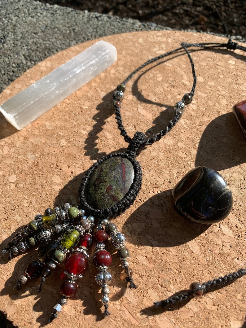 Bloodstone Hemp Wrapped Macram\u00e9 Necklace