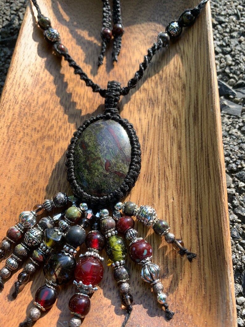Bloodstone Hemp Wrapped Macram\u00e9 Necklace