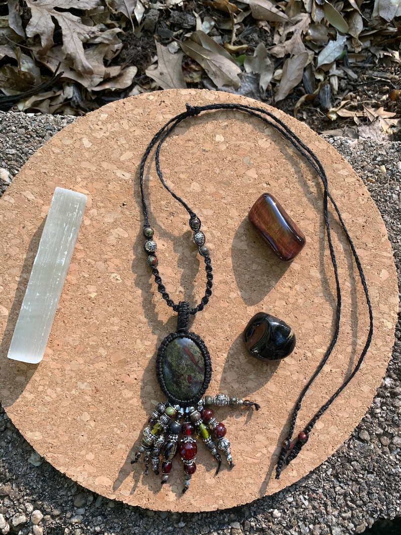 Bloodstone Hemp Wrapped Macram\u00e9 Necklace