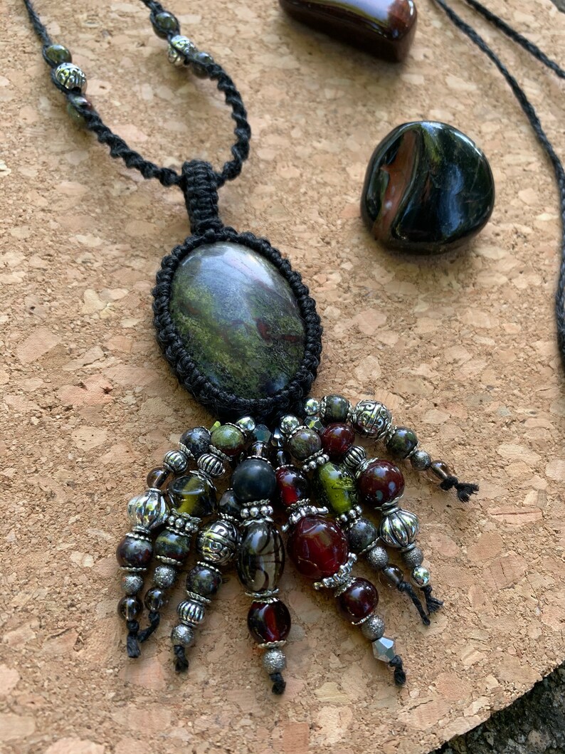 Bloodstone Hemp Wrapped Macram\u00e9 Necklace