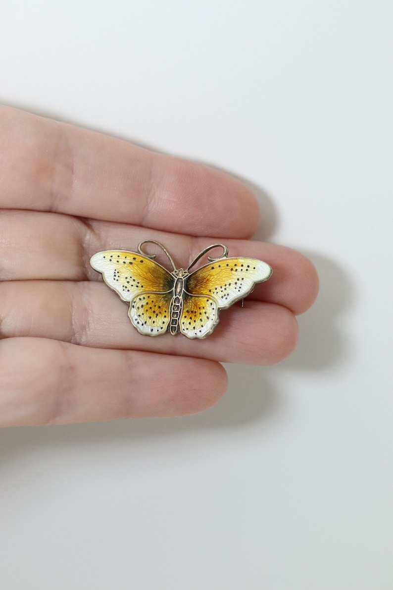 Earth Tones Detailed Enamel Norway Hroar Prydz Butterfly Pin Vintage Sterling Silver