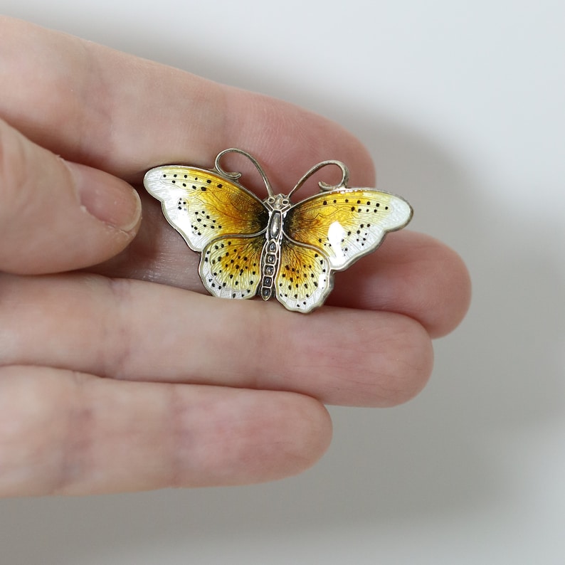 Earth Tones Detailed Enamel Norway Hroar Prydz Butterfly Pin Vintage Sterling Silver
