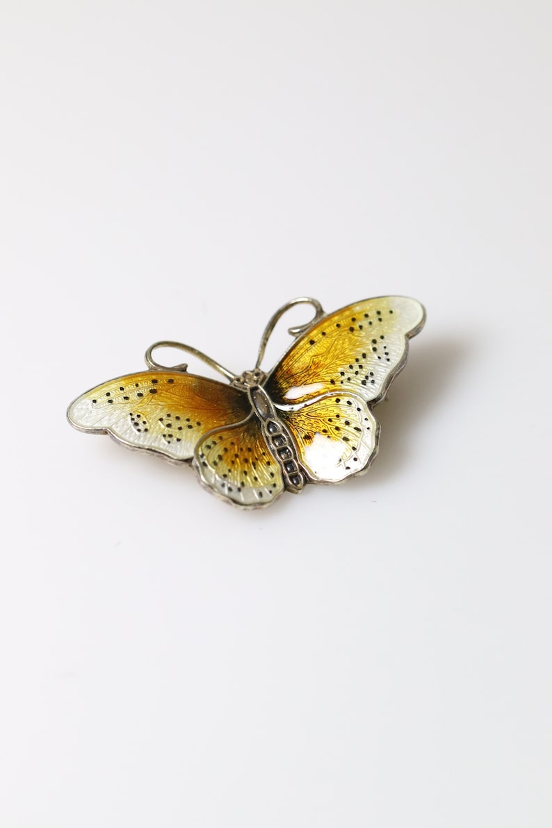Earth Tones Detailed Enamel Norway Hroar Prydz Butterfly Pin Vintage Sterling Silver