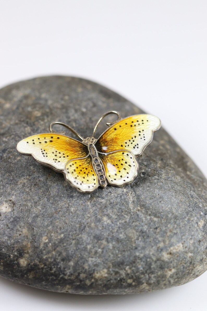 Earth Tones Detailed Enamel Norway Hroar Prydz Butterfly Pin Vintage Sterling Silver