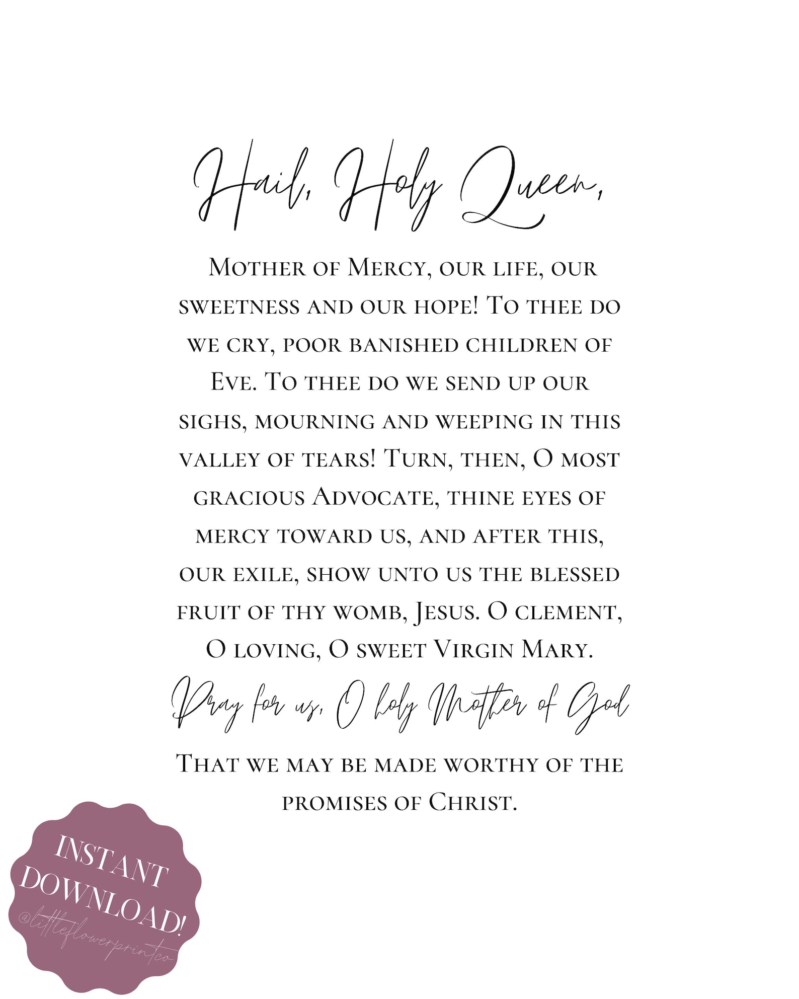 Hail Holy Queen Prayer Print Catholic Prayer Printable | Etsy