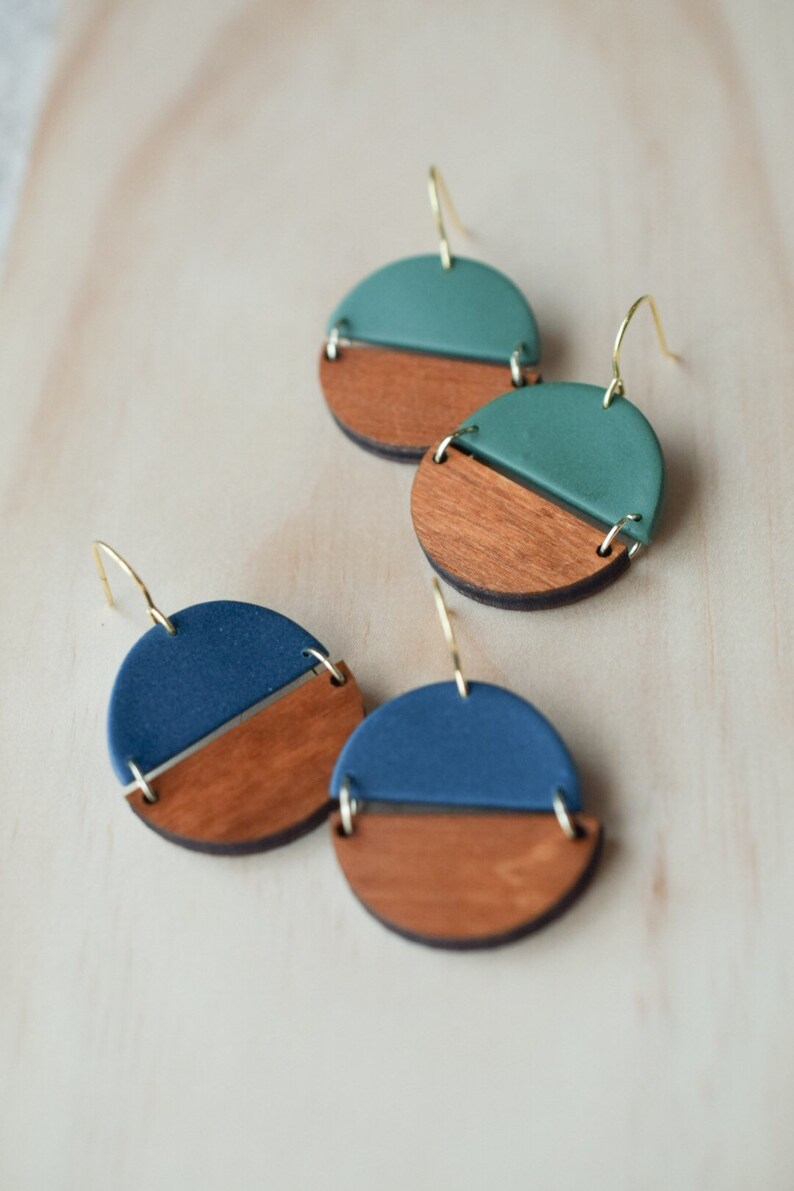 Deep Sea Blue ForestPine Green Super Lightweight Wood Semicircle Circle Earrings