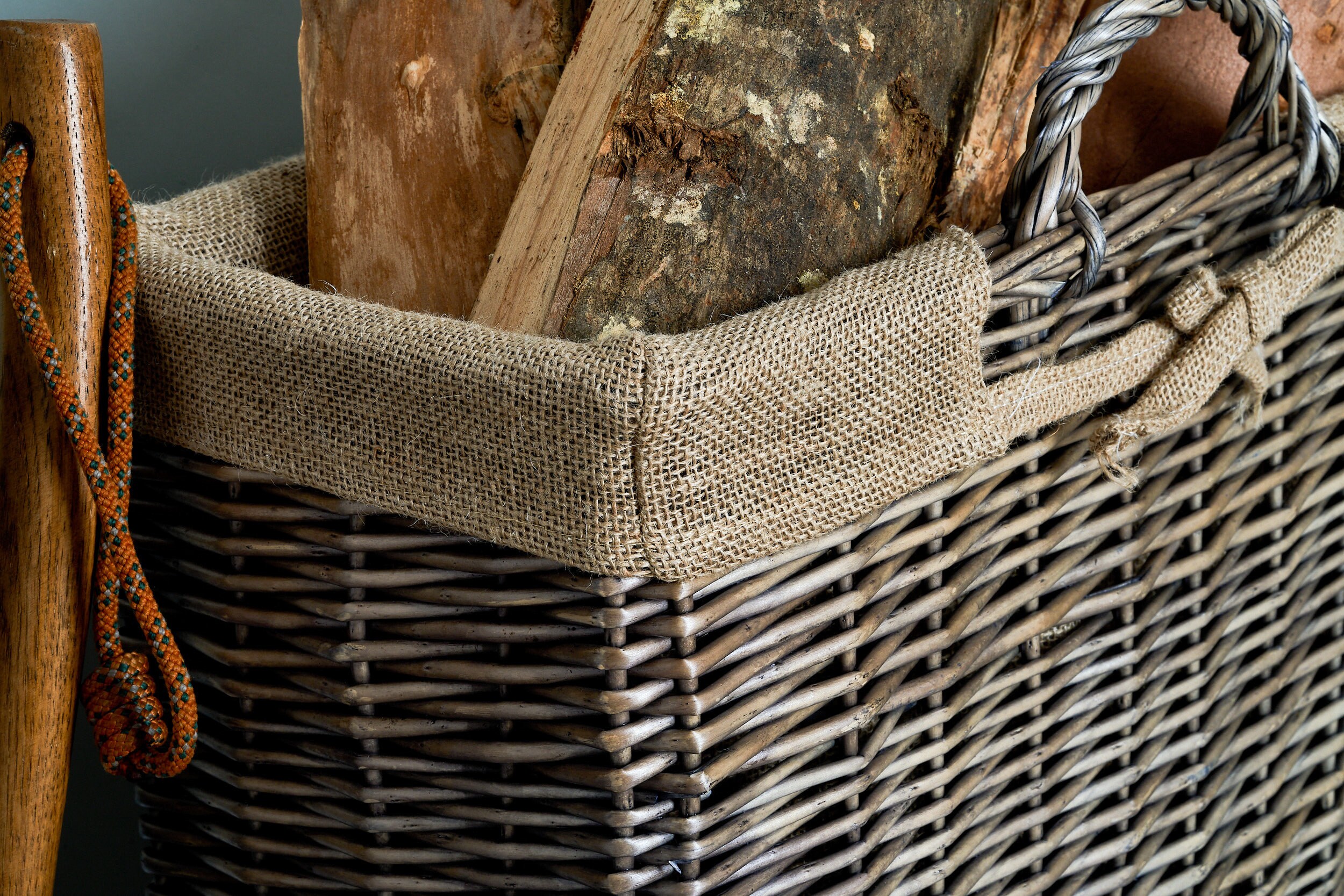 Slim Wicker Log Basket In Antique Wash Finish With Hessian Etsy