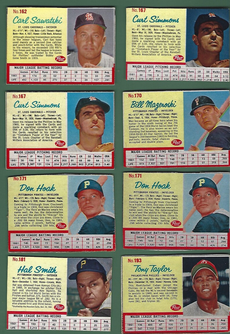 1962 Post Cereal Baseball Box Cards Hand Cut Pick Your Card Etsy