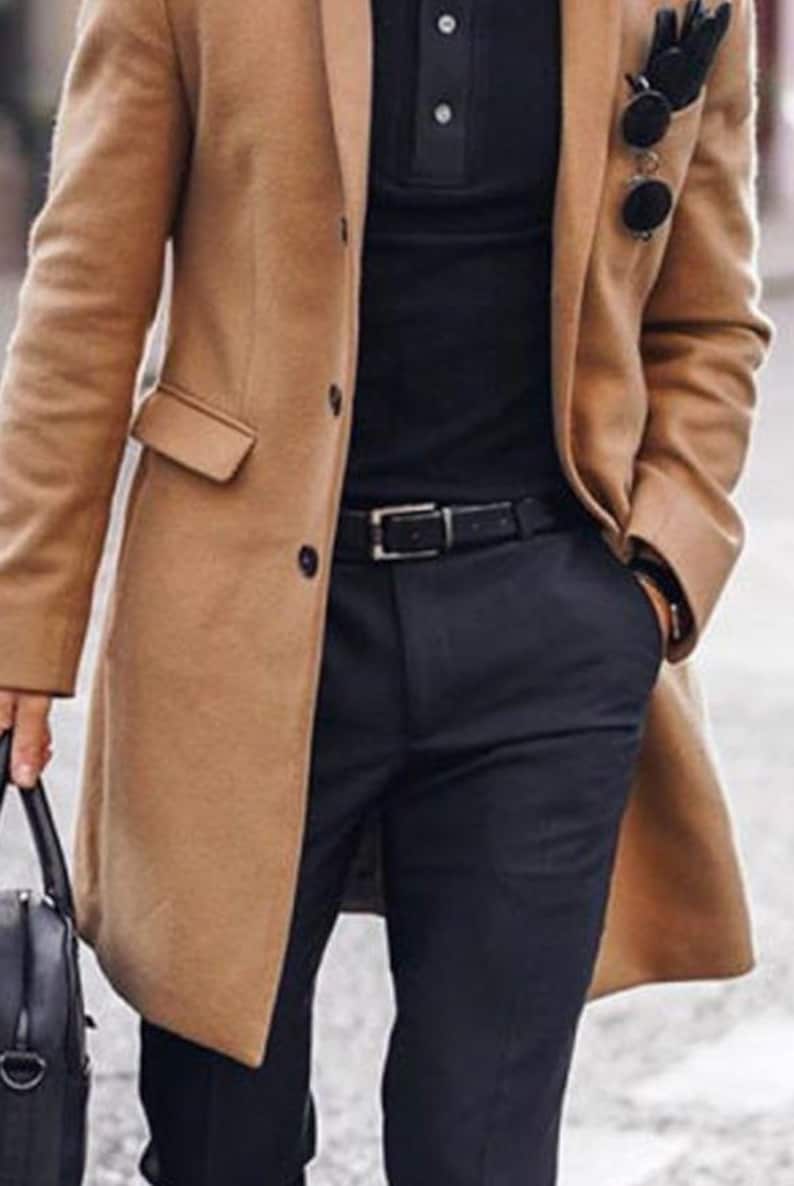 Mens Trench Jacket Long Beige Wool Coat Winter Long Blazer Elegant New Year Coat For Men Arrival Peak Lapel Trench Long Coat