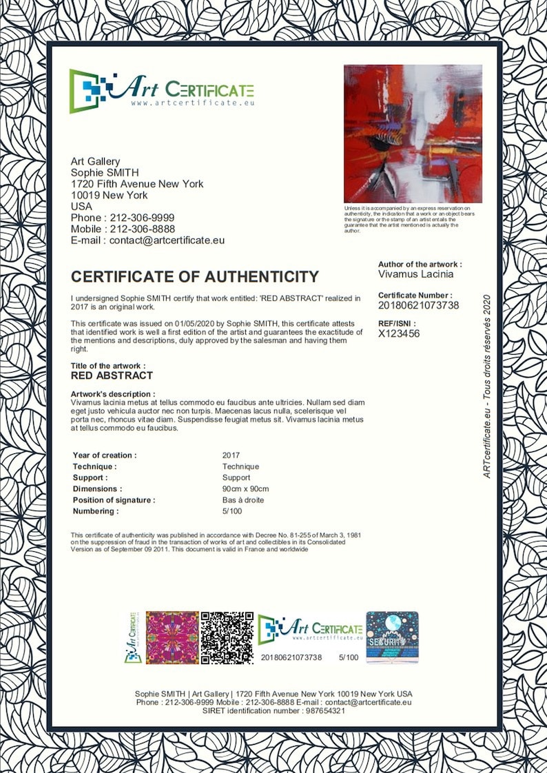 Certificate of Authenticity for original artwork 4 on A4 Etsy