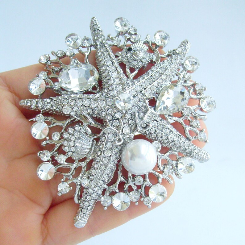 Wedding Bridal Vintage Starfish Brooch Pendant Rhinestone Crystal Bouquet Pin