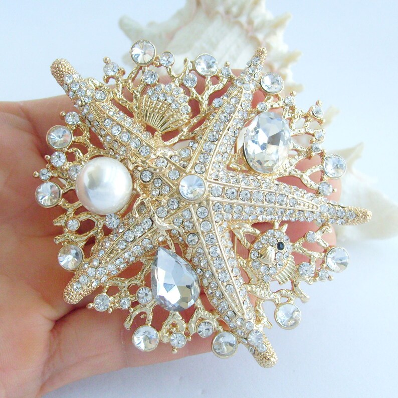 Wedding Bridal Vintage Starfish Brooch Pendant Rhinestone Crystal Bouquet Pin