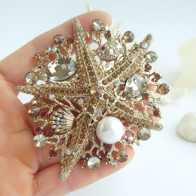 Wedding Bridal Vintage Starfish Brooch Pendant Rhinestone Crystal Bouquet Pin
