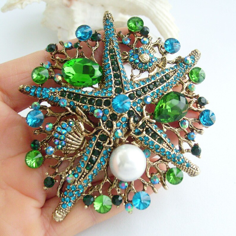 Wedding Bridal Vintage Starfish Brooch Pendant Rhinestone Crystal Bouquet Pin