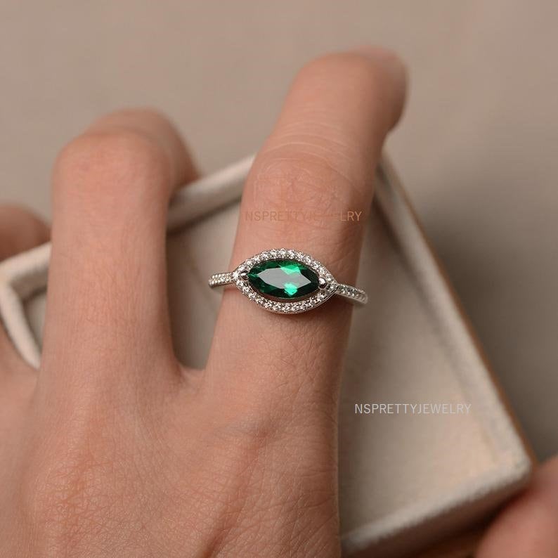 marquise cut ring straight shank ring Emerald Gemstone Ring Marquise Lab grown emerald ring halo ring engagement ring sterling silver