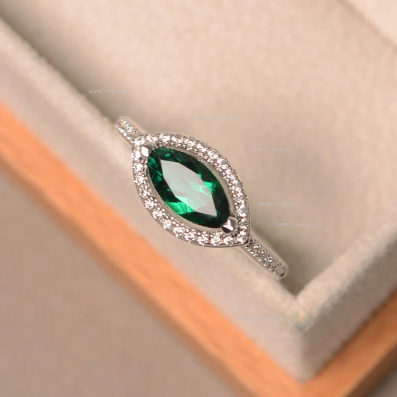 marquise cut ring straight shank ring Emerald Gemstone Ring Marquise Lab grown emerald ring halo ring engagement ring sterling silver