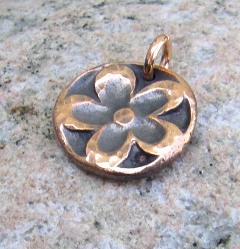 Copper Flower Pendant or Charm Hammered Oxidized Rustic Etsy