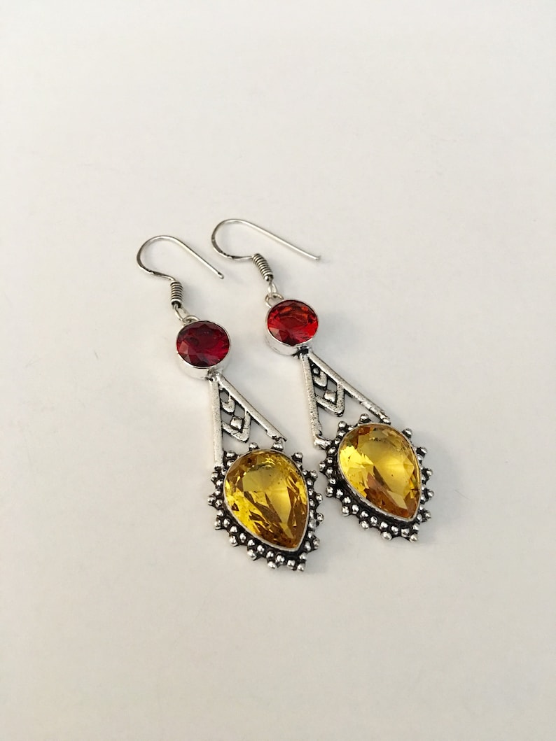 Silver Earrings Red Earrings Yellow Earrings Silver Red and Yellow Drop Earrings Pierced Dangle Earrings Artisan 925 Silver Earrings