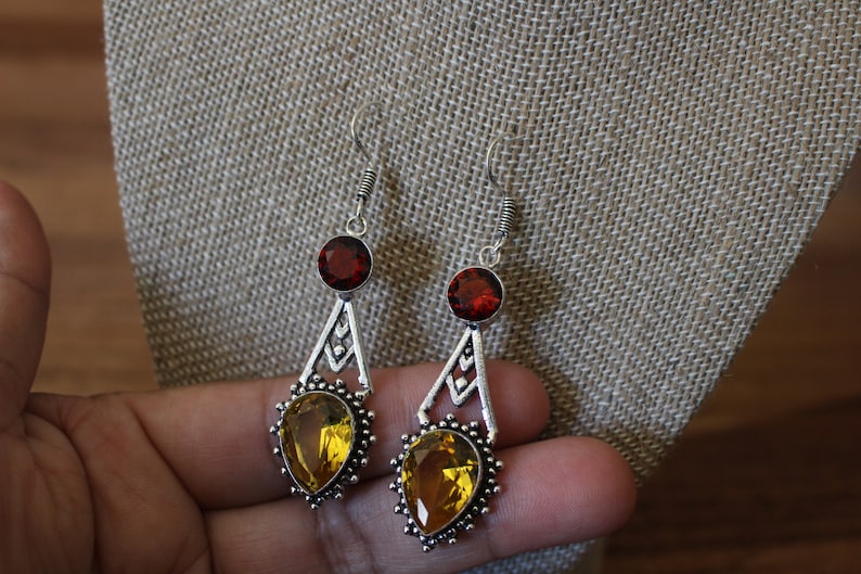 Silver Earrings Red Earrings Yellow Earrings Silver Red and Yellow Drop Earrings Pierced Dangle Earrings Artisan 925 Silver Earrings