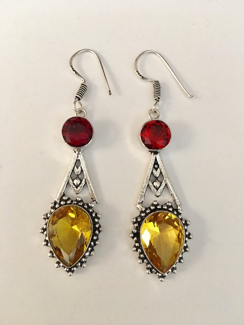 Silver Earrings Red Earrings Yellow Earrings Silver Red and Yellow Drop Earrings Pierced Dangle Earrings Artisan 925 Silver Earrings