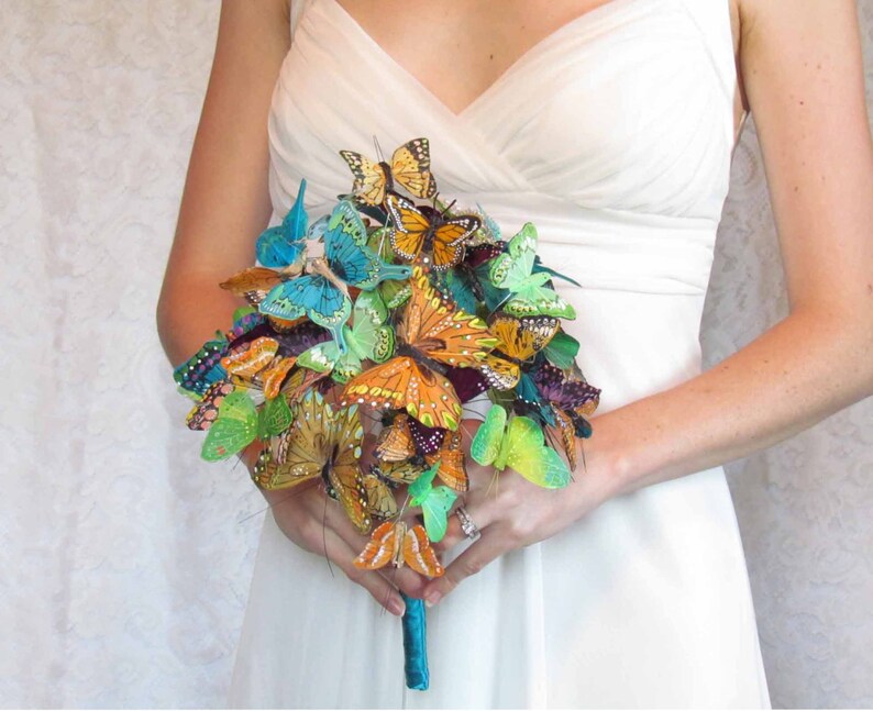 Butterfly Wedding Bouquet in Teals Greens Oranges and Etsy