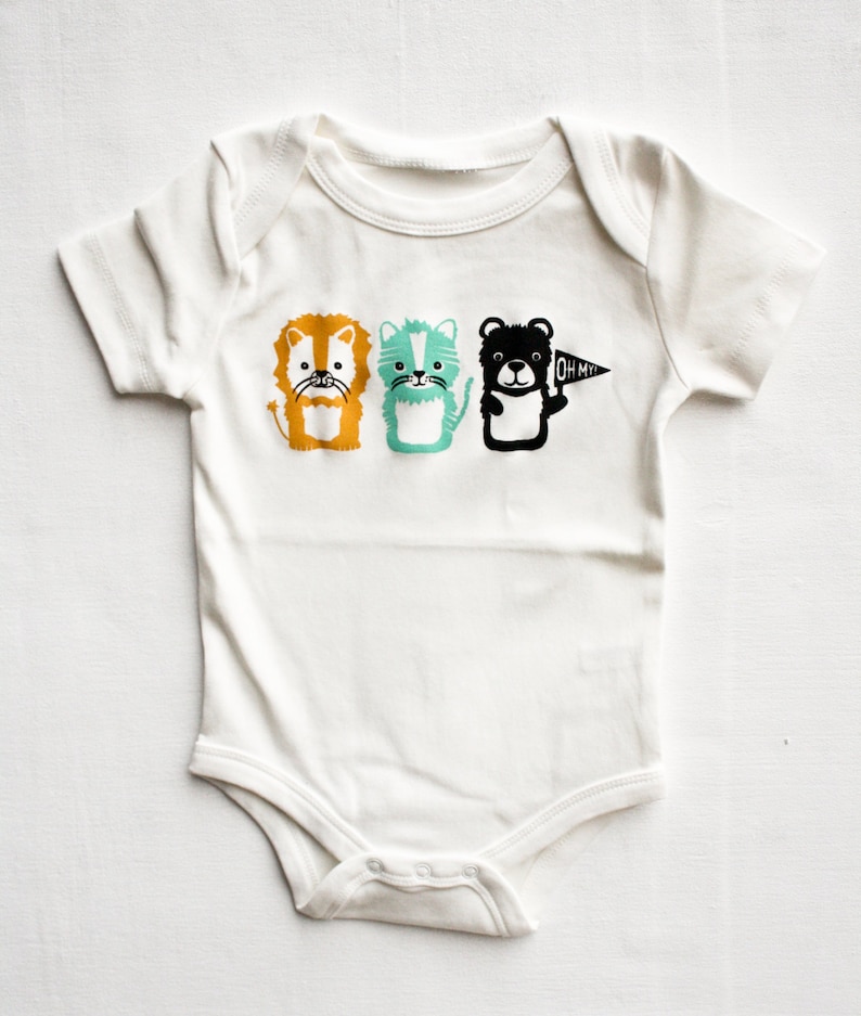 screen printed baby bodysuit lion tiger and bear baby gift shower present gender neutral organic Oh My gifts under 25 Wizard of Oz