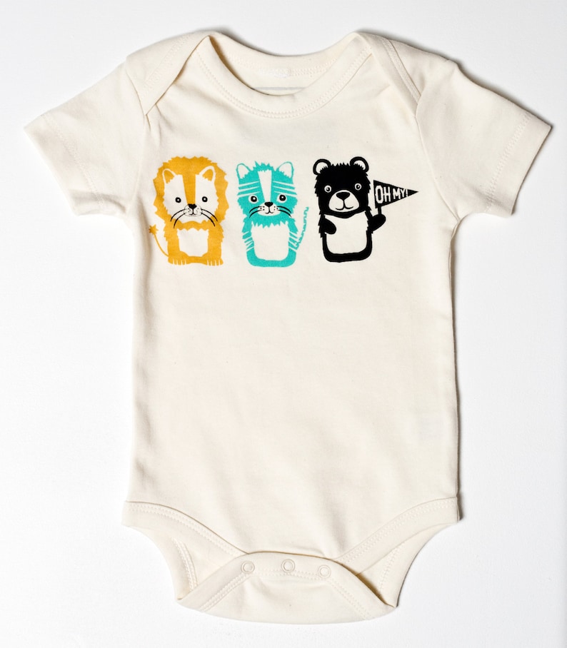 screen printed baby bodysuit lion tiger and bear baby gift shower present gender neutral organic Oh My gifts under 25 Wizard of Oz