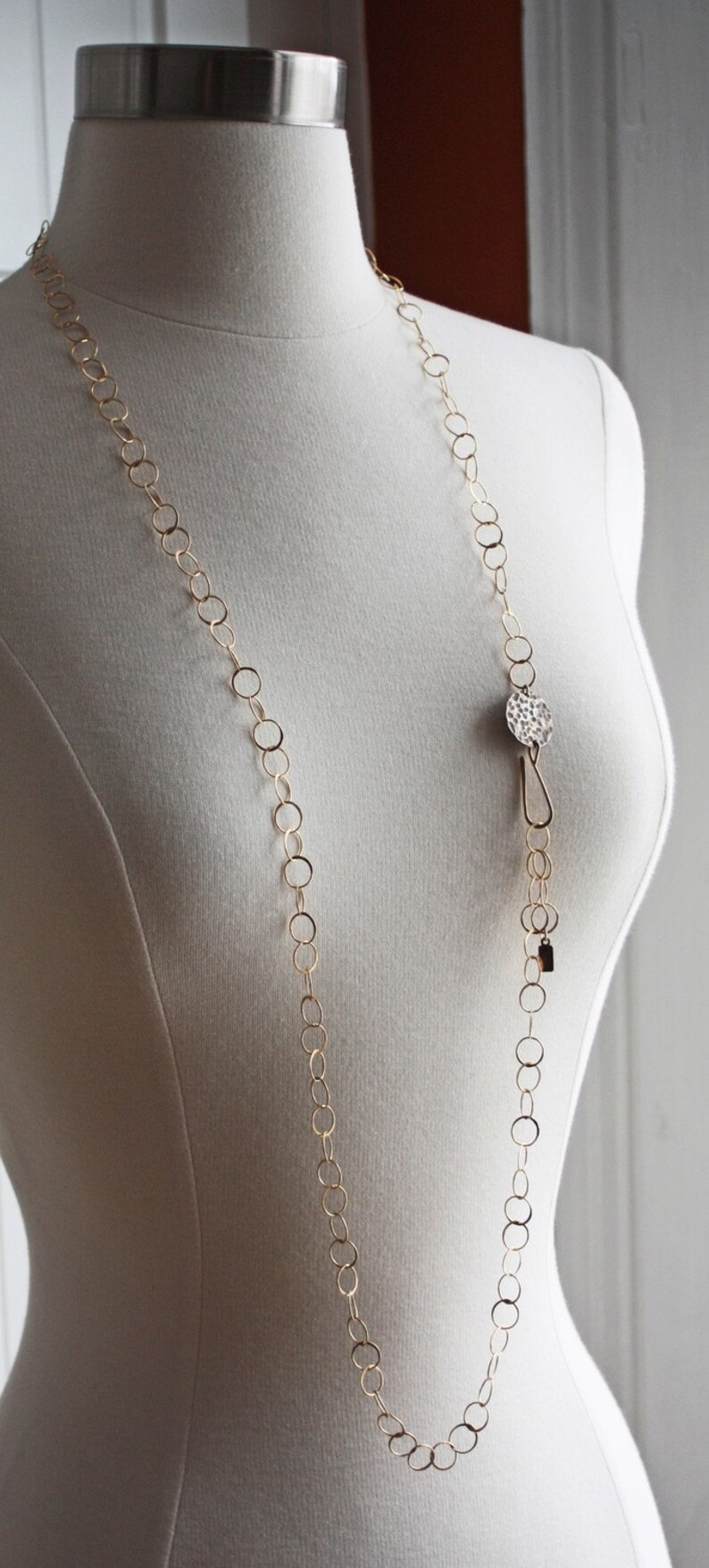 Long Hardware Necklace sterling silver 14kt gold hammered Etsy
