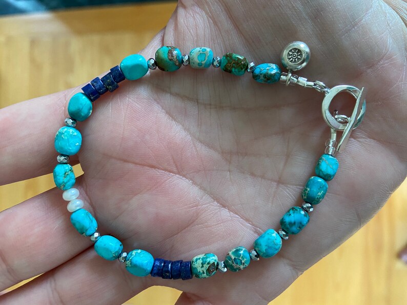Sterling Lotus Flower Charm Hematite Freshwater Pearls Blue Lapis Lazuli Bracelet \u2014 Turquoise Brick