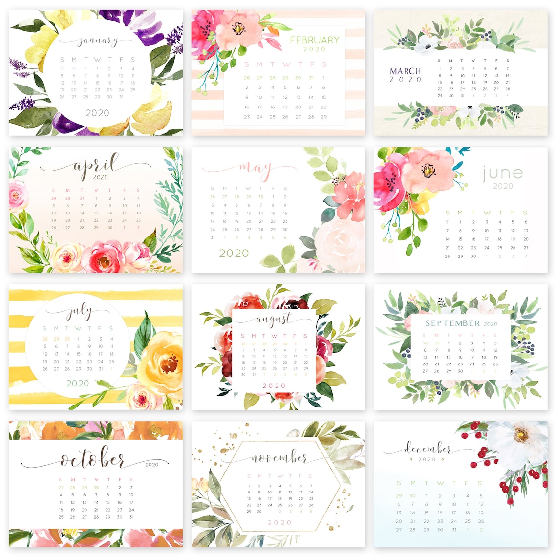 Calendar 2020 Printable floral desk calendar watercolor | Etsy