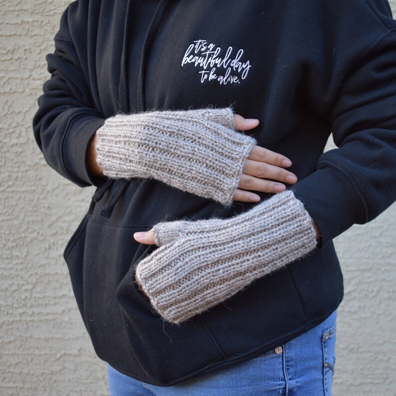Rib pattern arm warmers tan beige alpaca acrylic fingerless gloves Christmas gift for her womens knit fingerless mittens wrist warmers