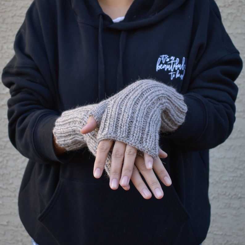 Rib pattern arm warmers tan beige alpaca acrylic fingerless gloves Christmas gift for her womens knit fingerless mittens wrist warmers