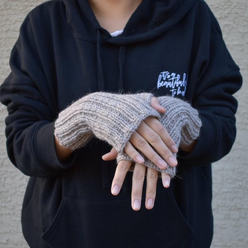 Rib pattern arm warmers tan beige alpaca acrylic fingerless gloves Christmas gift for her womens knit fingerless mittens wrist warmers