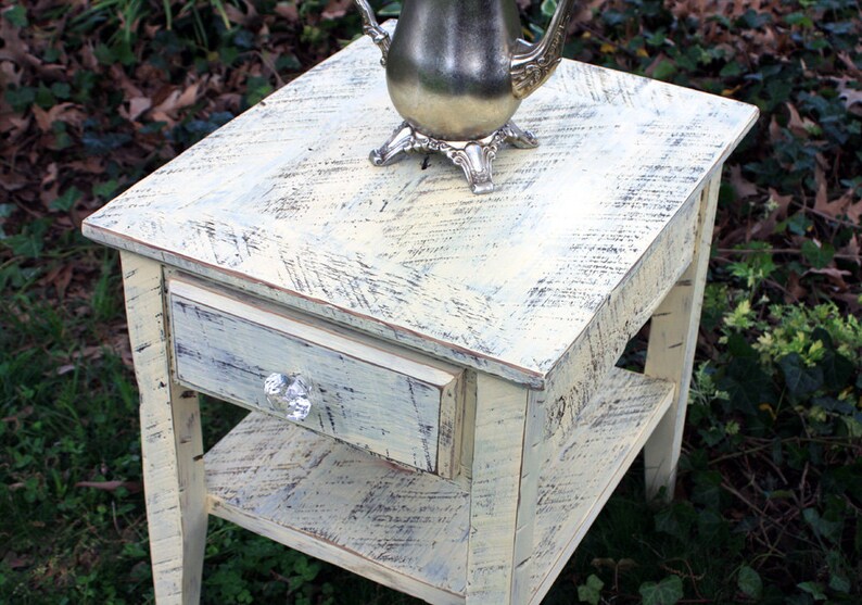 Cream Colored Side Table. Yellow End Table w/ Drawer. Rustic Etsy