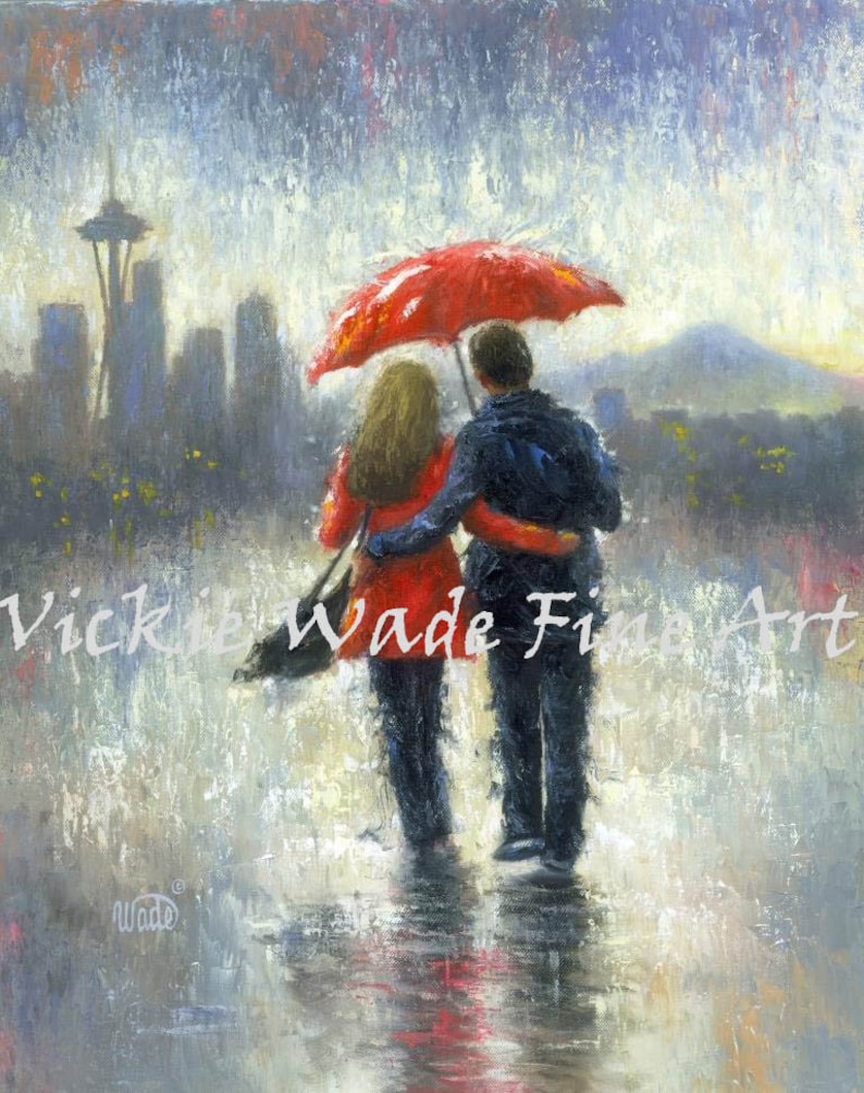 Seattle Lovers in the Rain Art Print Seattle paintings