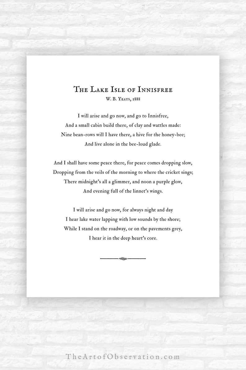 W.B. Yeats Lake Isle of Innisfree Poem Print wall art | Etsy