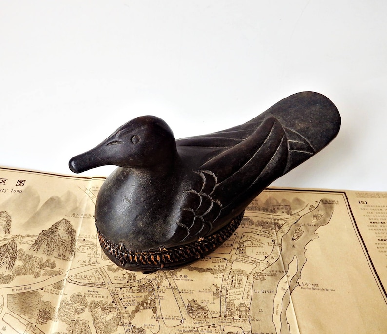 Vintage Carved Wood Duck Box Wood and Wicker Hand Carved Etsy