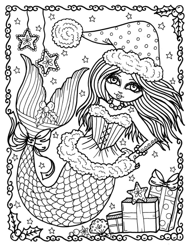 Christmas Mermaid Instant Download Coloring page book digi art | Etsy