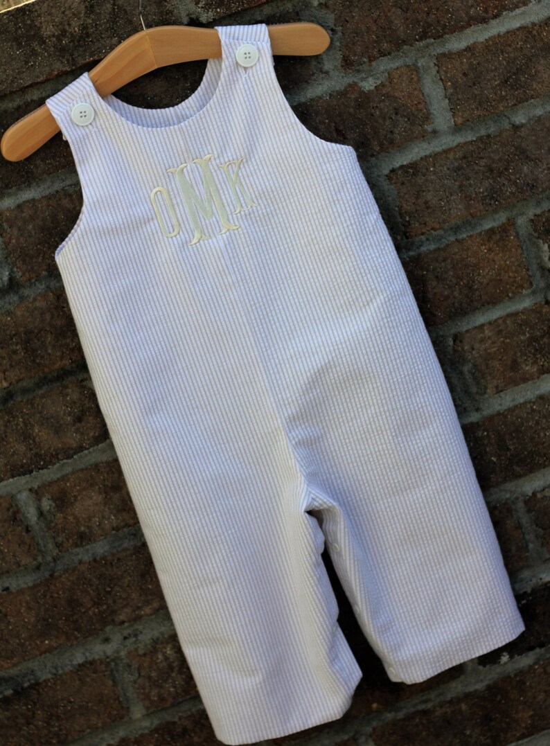 Monogrammed Khaki Seersucker Longall Boys Longall Monogrammed Romper Monogrammed Jon Jon