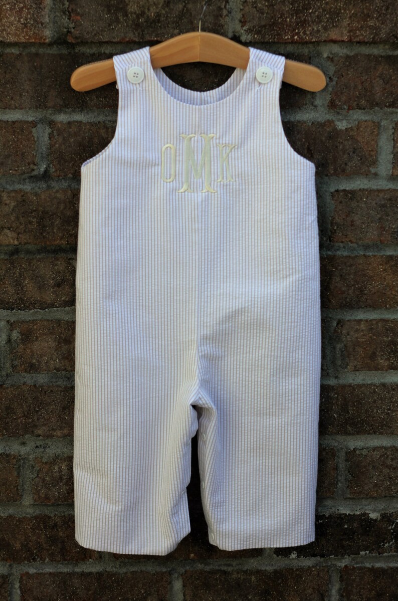 Monogrammed Khaki Seersucker Longall Boys Longall Monogrammed Romper Monogrammed Jon Jon