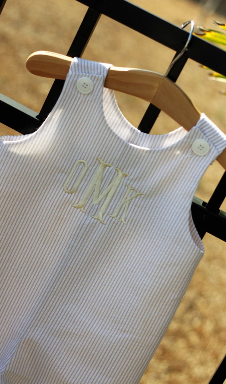 Monogrammed Khaki Seersucker Longall Boys Longall Monogrammed Romper Monogrammed Jon Jon