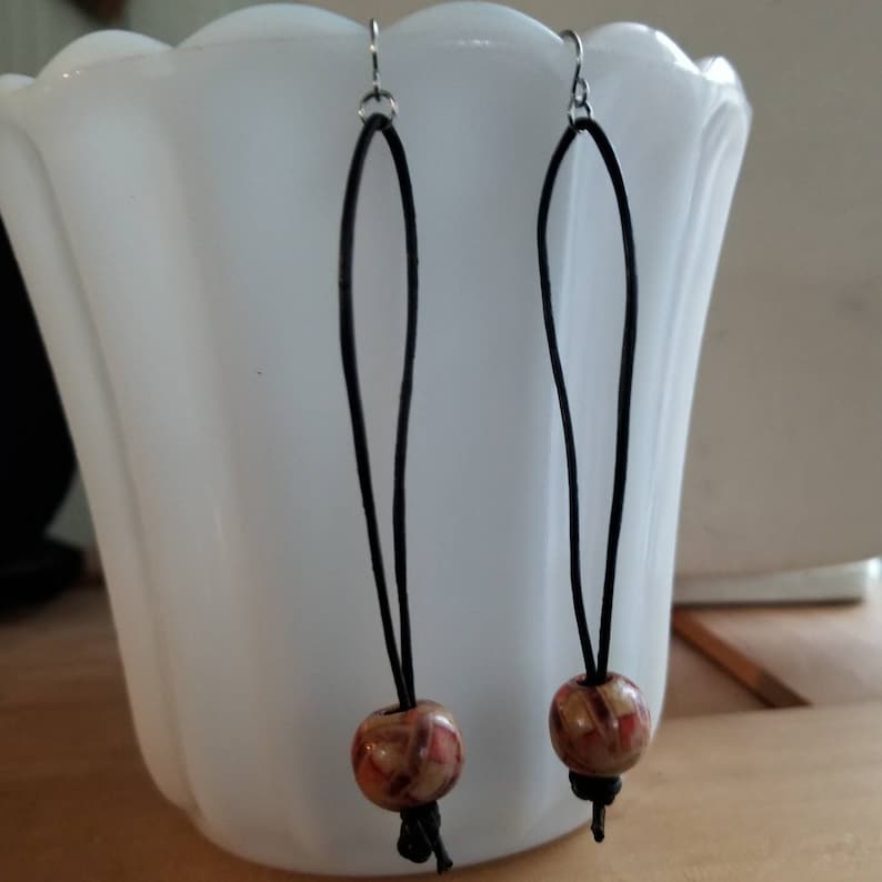 Free shipping Wood and leather dangle earrings on silver ear wires
