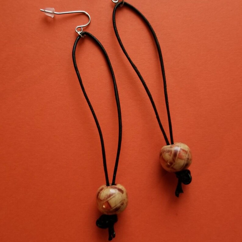 Free shipping Wood and leather dangle earrings on silver ear wires