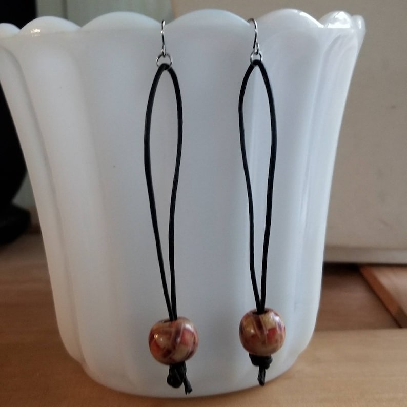 Free shipping Wood and leather dangle earrings on silver ear wires