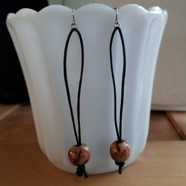 Free shipping Wood and leather dangle earrings on silver ear wires