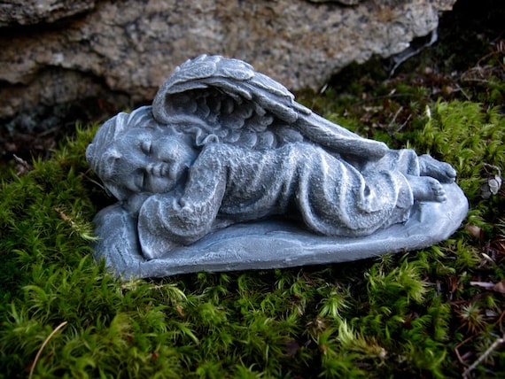 Sleeping Angel  Cherub with LOVE Inscription Handmade and Hand Painted Concrete Garden Statue